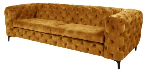 Estila Luxusná trojmiestna chesterfield sedačka Modern Barock so zamatovým poťahom s prešívaním v horčicovej farbe s nožičkami 235 cm