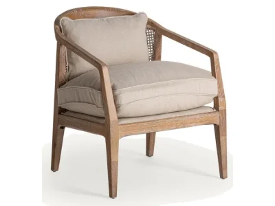 Estila Luxusné koloniálne masívne ratanové kreslo Olas s viedenským výpletom a čalúnenými vankúšmi s ľanovým béžovým poťahom 78 cm