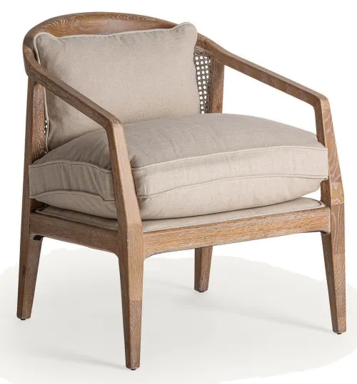 Estila Luxusné koloniálne masívne ratanové kreslo Olas s viedenským výpletom a čalúnenými vankúšmi s ľanovým béžovým poťahom 78 cm
