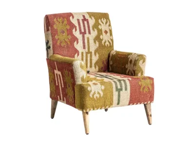 Estila Luxusné etno orientálne čalúnené žlto červené vzorované kreslo Reria s hnedými masívnymi drevenými nožičkami 90 cm