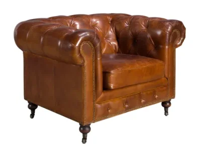 Estila Luxusné chesterfield kreslo Hastings s poťahom z pravej kože v koňakovom hnedom odtieni s dizajnovými kolieskami 120 cm