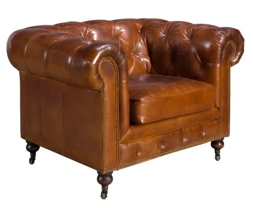 Estila Luxusné chesterfield kreslo Hastings s poťahom z pravej kože v koňakovom hnedom odtieni s dizajnovými kolieskami 120 cm
