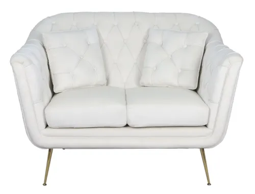 Estila Luxusná glamour dvojmiestna čalúnená zamatová biela sedačka Melisa s prešívaným poťahom a vankúšmi so zlatými nožičkami 130 cm