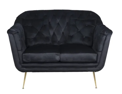 Estila Luxusná art deco dvojmiestna čierna čalúnená sedačka Melisa so zamatovým prešívaným poťahom a zlatými kovovými nožičkami 130 cm