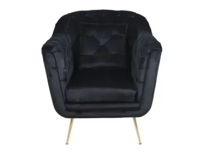 Estila Luxusné art deco čierne čalúnené kreslo Melisa so zamatovým prešívaným poťahom a zlatými vysokými kovovými nožičkami 91 cm