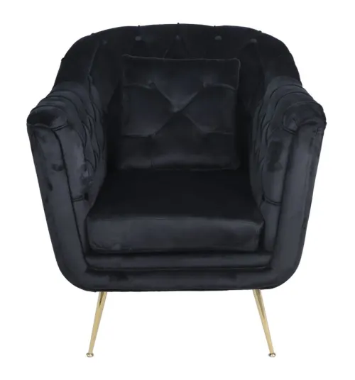 Estila Luxusné art deco čierne čalúnené kreslo Melisa so zamatovým prešívaným poťahom a zlatými vysokými kovovými nožičkami 91 cm