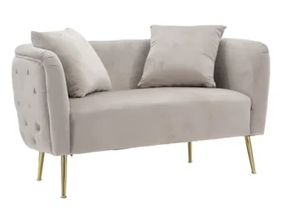 Estila Art deco obdĺžniková sivá čalúnená dvojmiestna sedačka Lienne a oblými opierkami na zlatých nožičkách 127 cm