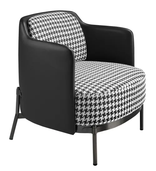 Estila Luxusné dizajnové čalúnené kreslo Gallinetto s poťahom z kože a textilu so vzorom kohútej stopy v čiernej a bielej farbe 76 cm