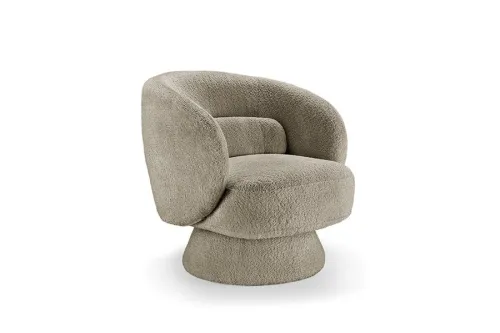 Estila Art deco otočné kreslo Elian potiahnuté taupe sivou bouclé látkou so zaobleným operadlom a kužeľovou základňou 76 cm