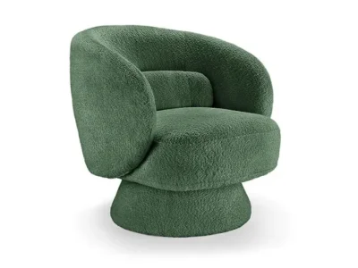 Detail produktu Estila Art deco otočné kreslo Elian s čalúnením bouclé v tmavozelenej farbe a kruhovou otočnou základňou o 360 stupňov 76 cm