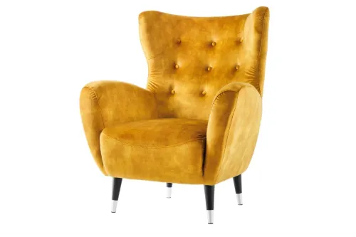 Estila Art deco kreslo Bolte s horčicovým žltým zamatovým poťahom a vysokou chrbtovou opierkou s dizajnom ušiaka 106 cm