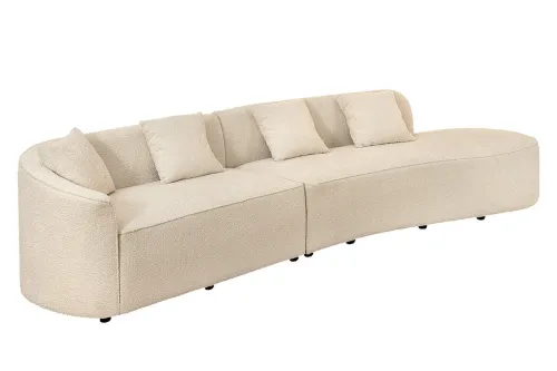 Estila Dizajnová moderná sedačka Jina oválneho tvaru s bouclé poťahom v krémovej béžovej farbe a štyrmi vankúšmi 340 cm