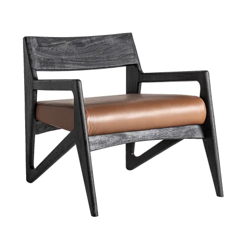 Estila Luxusné moderné kreslo Arthen s čiernou drevenou konštrukciou a hnedým koženým čalúnením s geometrickými opierkami 70 cm