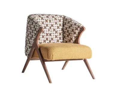 Estila Luxusné dizajnové čalúnené kreslo Brilon s hnedým dreveným rámom a žltým sedadlom so vzorovanou hnedobielou opierkou 80 cm