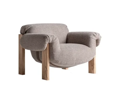 Detail produktu Estila Luxusné moderné čalúnené kreslo Harlow so sivým textilným poťahom a hnedým masívnym rámom 112 cm