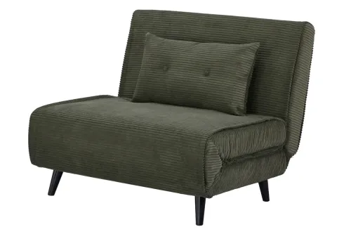 Estila Dizajnové škandinávske rozkladacie menčestrové kreslo Kurt v olivovo zelenej farbe s čiernymi nožičkami 100 cm