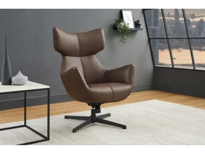 Detail produktu Estila Moderné industriálne kožené kreslo Krespa s hnedým poťahom a otočným sedadlom s možnosťou zaklonenia 75 cm