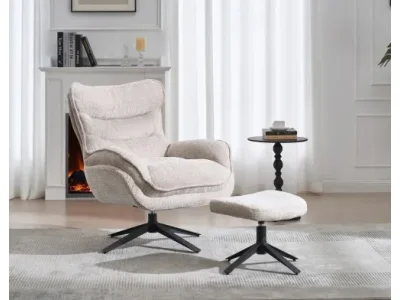 Estila Moderné dizajnové otočné kreslo Velly s béžovým textúrovaným poťahom a čiernou kovovou nohou 95 cm