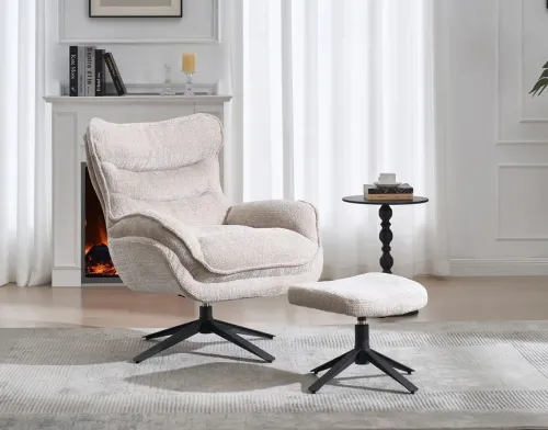 Estila Moderné dizajnové otočné kreslo Velly s béžovým textúrovaným poťahom a čiernou kovovou nohou 95 cm