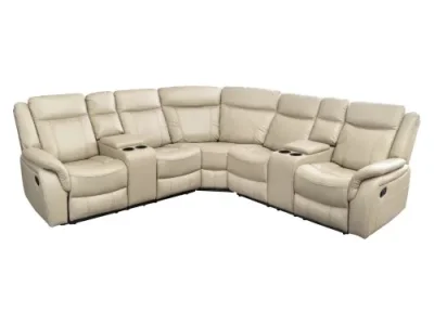 Estila Luxusná moderná rohová eko kožená béžová päťmiestna sedačka Phoenix s priehradkami na poháre s úložným priestorom 270 cm