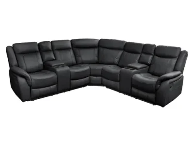 Estila Luxusná päťmiestna rohová čierna eko kožená sedačka Phoenix s držiakmi na poháre a úložným priestorom 270 cm