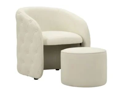 Estila Dizajnové art deco biele kreslo s taburetkou Zilla s poťahom z ekokože s chesterfield prešívaním 76 cm