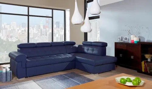 PYKA Atlanta P kožená rohová sedačka s rozkladom modrá