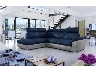 NABBI Leren L rohová sedačka s rozkladom a úložným priestorom tmavomodrá / svetlosivá