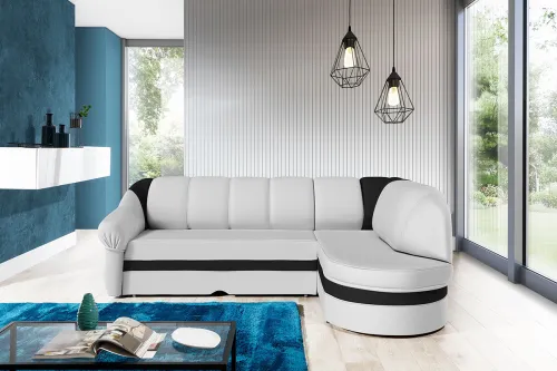 NABBI Belluno P rohová sedačka s rozkladom a úložným priestorom biela / čierna