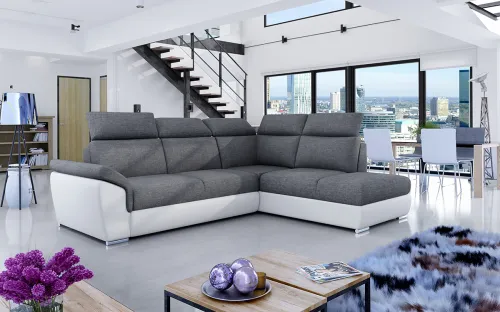 NABBI Leren P rohová sedačka s rozkladom a úložným priestorom sivá (Sawana 05) / biela (Soft 17)