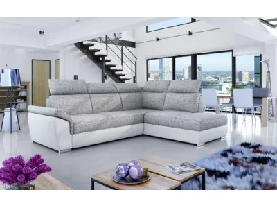 NABBI Leren P rohová sedačka s rozkladom a úložným priestorom sivá (Berlin 01) / biela (Soft 17)