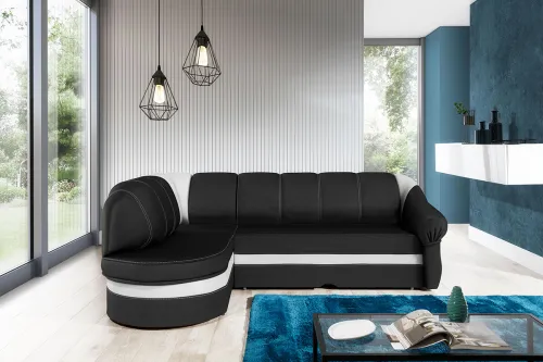 NABBI Belluno L rohová sedačka s rozkladom a úložným priestorom čierna (Sawana 14) / biela (Soft 17)