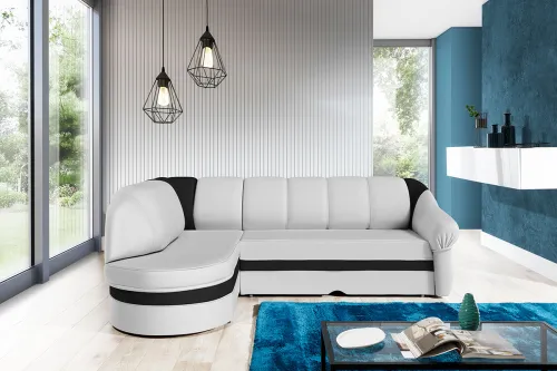 NABBI Belluno L rohová sedačka s rozkladom a úložným priestorom biela / čierna