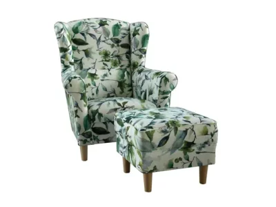 KONDELA Astrid kreslo (ušiak) s taburetkou vzor lístie / buk