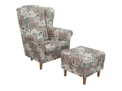 KONDELA Astrid kreslo (ušiak) s taburetkou vzor patchwork Viorica 1