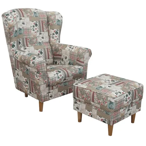 KONDELA Astrid kreslo (ušiak) s taburetkou vzor patchwork Viorica 1