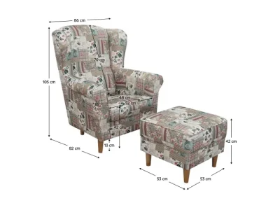 Detail produktu KONDELA Astrid kreslo (ušiak) s taburetkou vzor patchwork Viorica 1