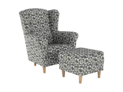 KONDELA Astrid kreslo (ušiak) s taburetkou vzor patchwork N1