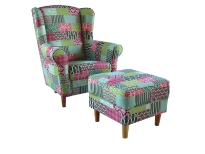 KONDELA Astrid kreslo (ušiak) s taburetkou vzor patchwork M1
