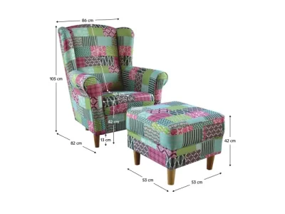 Detail produktu KONDELA Astrid kreslo (ušiak) s taburetkou vzor patchwork M1