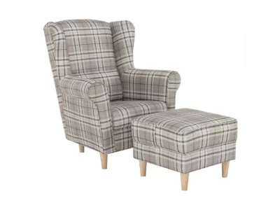 KONDELA Astrid kreslo (ušiak) s taburetkou buk / hnedá károvaná