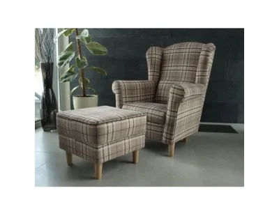 Detail produktu KONDELA Astrid kreslo (ušiak) s taburetkou buk / hnedá károvaná