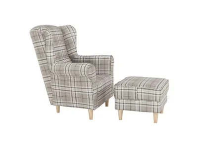 Detail produktu KONDELA Astrid kreslo (ušiak) s taburetkou buk / hnedá károvaná