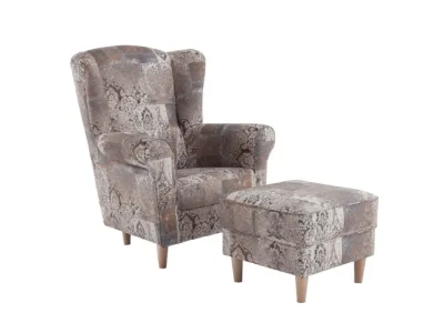 KONDELA Astrid kreslo (ušiak) s taburetkou buk / hnedý vzor (Vintage 1026)