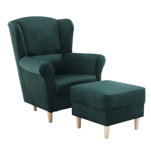 KONDELA Astrid kreslo (ušiak) s taburetkou smaragdová