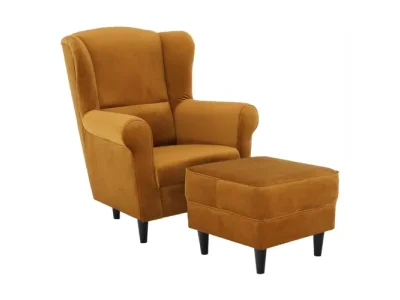 KONDELA Astrid kreslo (ušiak) s taburetkou horčicová