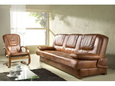 PYKA Finka 3R+1+1 kožená sedacia súprava s rozkladom drevo D3 / svetlohnedá (S45)