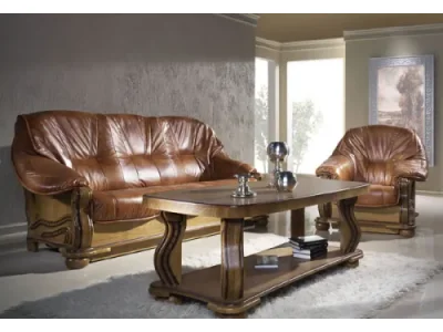 PYKA Parys kožená sedacia súprava drevo D3 / svetlohnedá (S45)