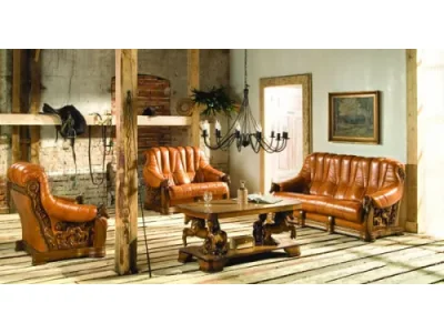 PYKA Oskar kožená sedacia súprava drevo D3 / svetlohnedá (DTS50)