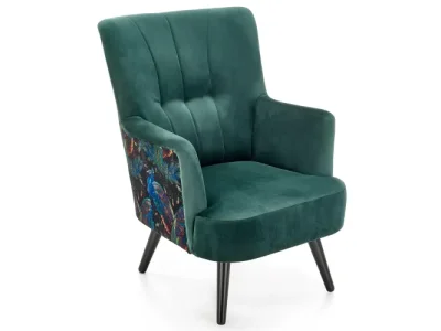 HALMAR Pagoni kreslo tmavozelená / čierna / vzor pávy